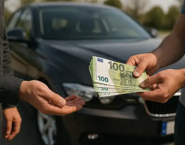 Ein Kunde erhält Bargeld beim Autoankauf in Bornheim für sein verkauftes Auto.